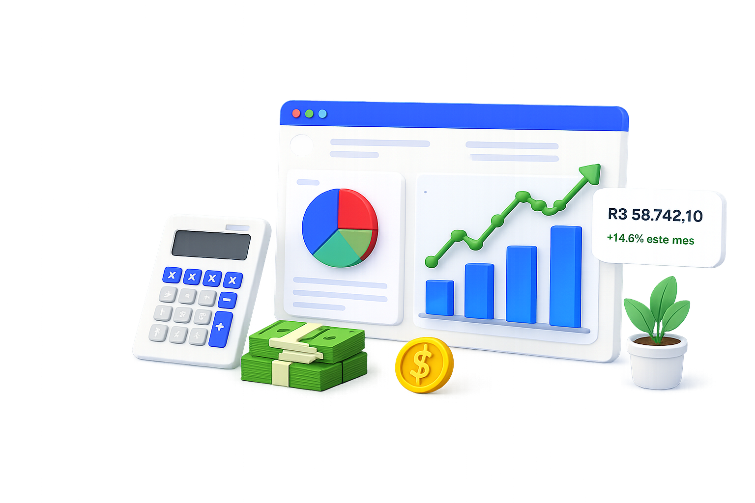 Painel financeiro com gráficos de crescimento, calculadora, dinheiro e planta